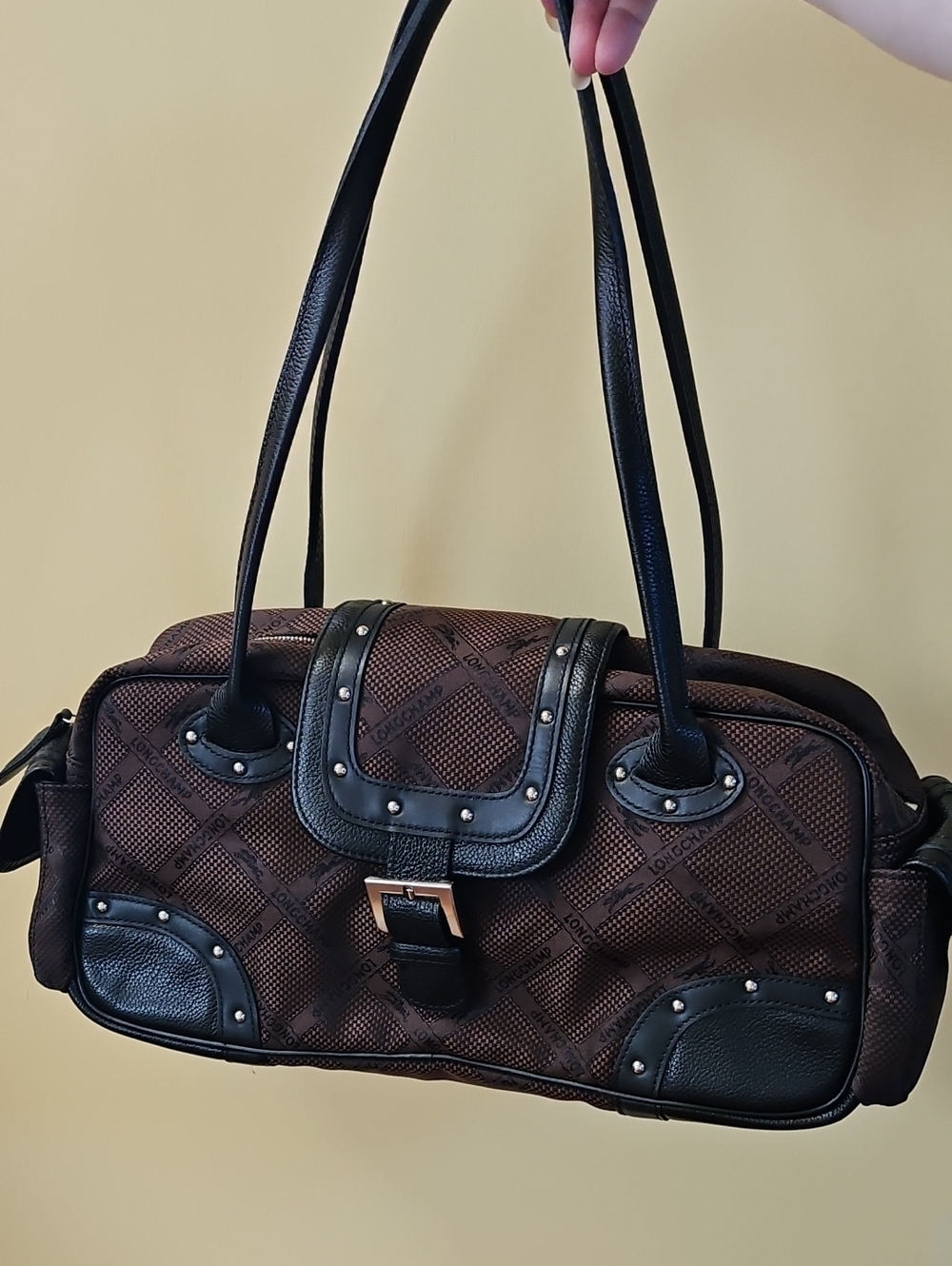 Longchamp Brown Quilted Pattern Shoulder Bag Side Pockets with BlackTrim Leather